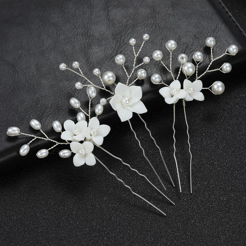 Coiffure de mariée, ensemble de 3 épingles à cheveux et épingles à cheveux en forme de U à fleurs blanches en céramique, vente directe d'usine au-delà des frontières_voghion.com