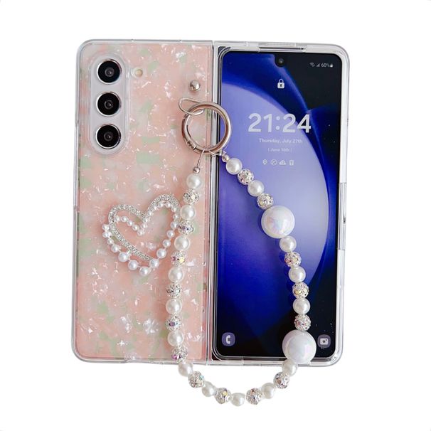 Cover per telefono con catena di perle a forma di cuore conchiglia di moda per Samsung Galaxy Z Fold 3 4 5 6_voghion.com