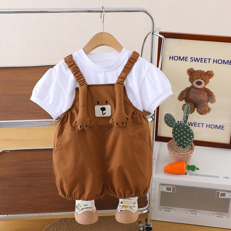 2025 Summer New Boys' Solid Color Round Neck Short Sleeve Set, Baby Casual Three Dimensional Strap Pants Two Piece Set_voghion.com