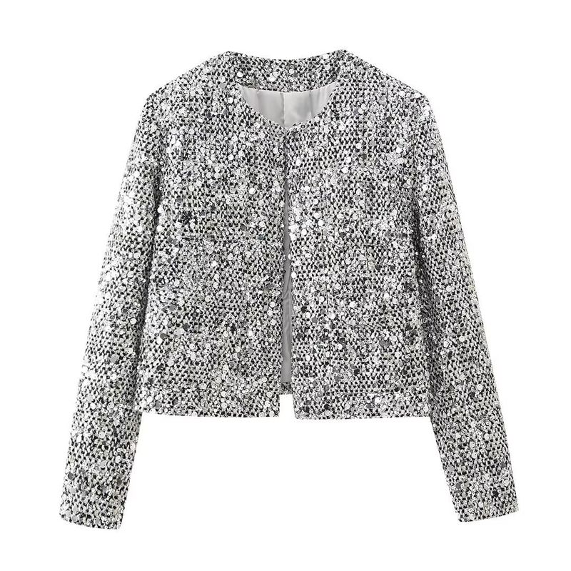 Eleganter, mit silbernen Pailletten verzierter Tweed-Blazer für Damen – Stilvolle Jacke mit Rundhalsausschnitt und langen Ärmeln für Herbst und Winter (XS/S/M/L)​​_voghion.com