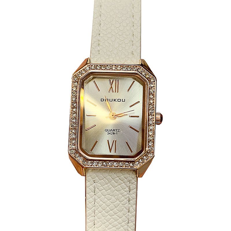 DOUKOU Quadratischer Damengürtel mit Strasssteinen, Studentische Freizeituhr, Quarz, schlichter Ohrstecker_voghion.com