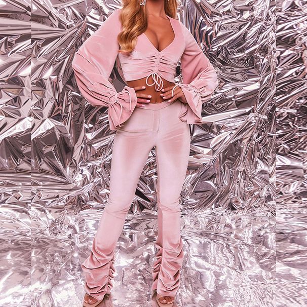 Women's Clothing autumn and winter sexy navel-baring long-sleeved top solid color micro-flared pants two-piece set_voghion.com