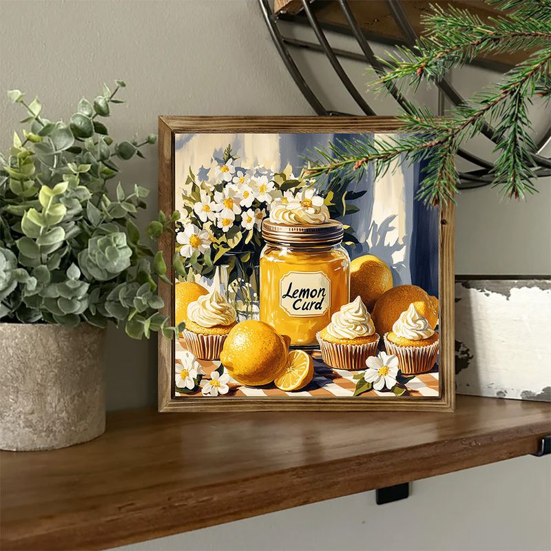 Rustikal Lemon Curd Kichen Schëld - 8x8 "Bauerenhaus Dekor mat Blummen Akzenter. Perfekt Fréijoer / Summer Wandkonscht Fir Heem oder Büro._voghion.com