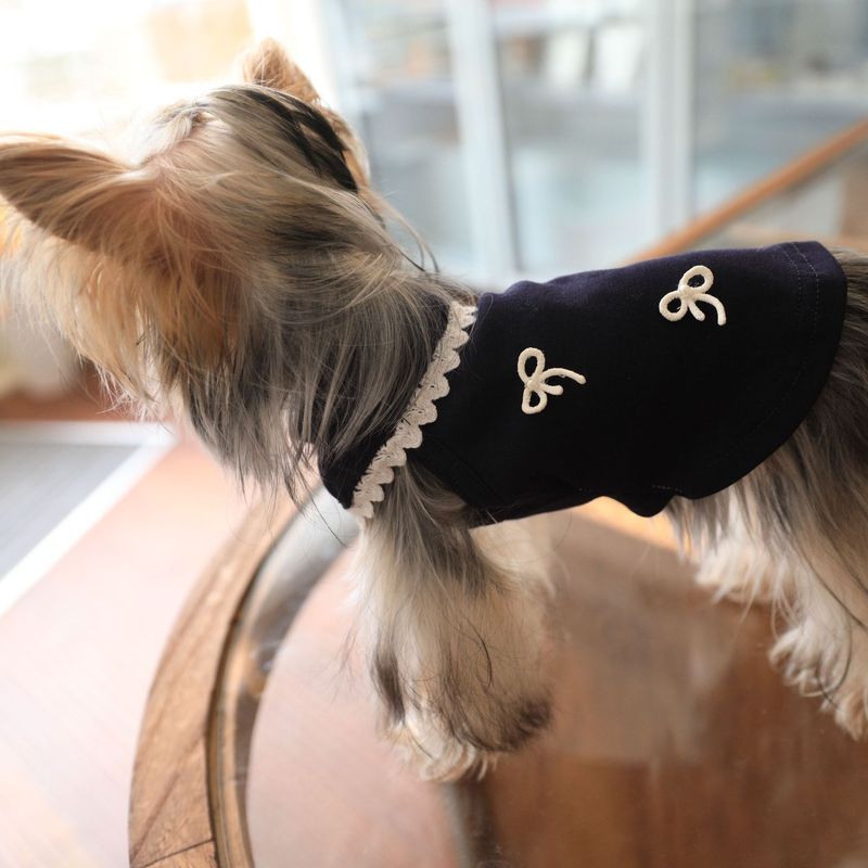 Weiches T-Shirt aus Baumwolle mit einfarbiger Basis und Schleife für Katzen und Hunde, Bichon Frise, Yorkshire Terrier, Haustierkleidung_voghion.com
