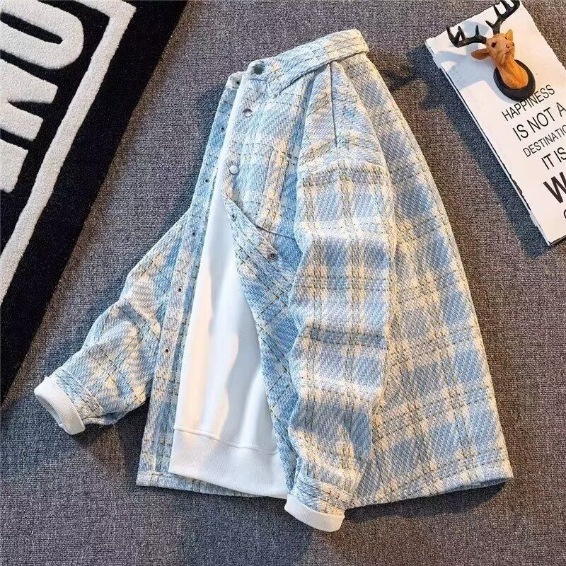 New plaid knitted small fragrant style jacket for men, breathable and versatile shirt for spring and autumn, men's casual jacket for men_voghion.com