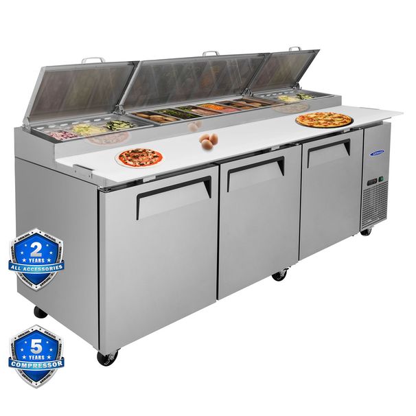 Orikool 93 IN Commercial Pizza Prep Table With A Built-in Refrigerator 30.8 Cu.Ft, Butcher Block Cutting Board, Protection Lid, Cold Storage, And Smooth-Rolling Casters, ETL Certified_voghion.com