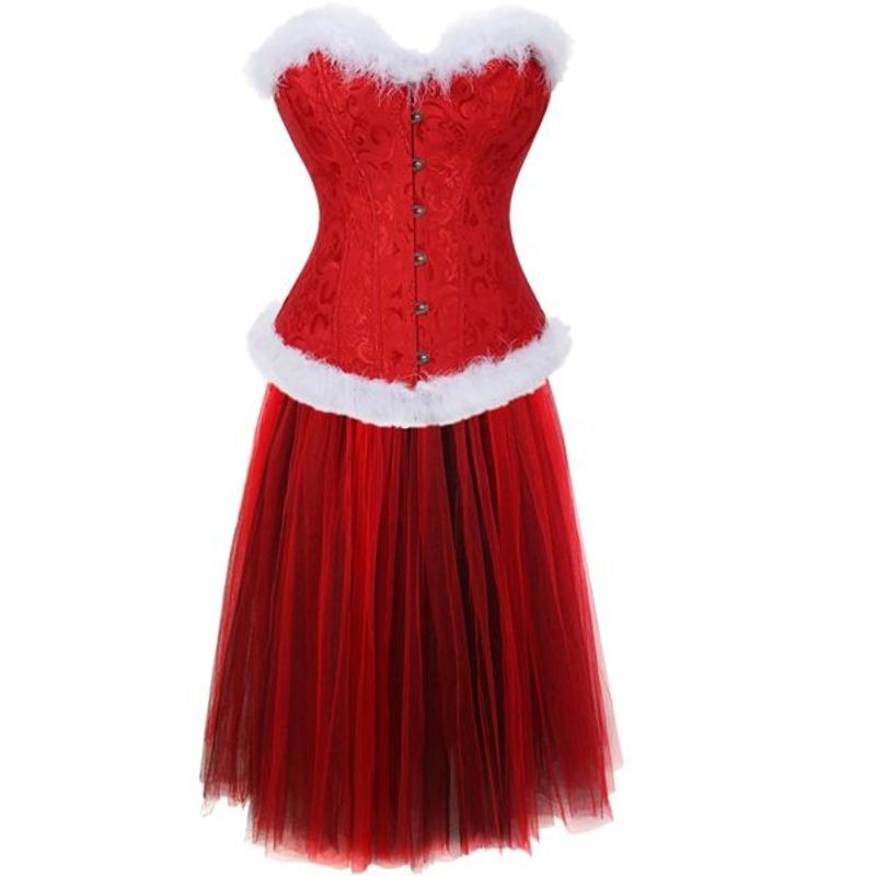 Big Miss Santa grande taille S-6XL déguisement d'halloween tenue Clubwear femmes blanc fourrure garniture haut corset avec Long Tulle_voghion.com