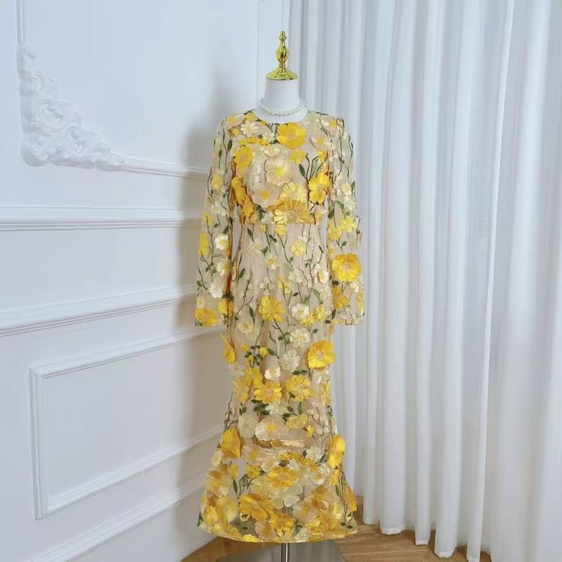 Abito da donna, inizio primavera, nuovo abito francese pesante con ricamo floreale tridimensionale, vita stretta, gonna a sirena_voghion.com