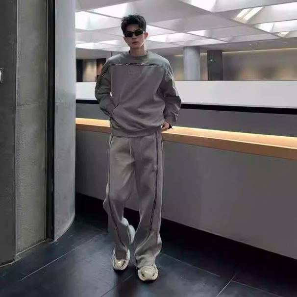 Herren-Trainingsanzug-Set – Locker geschnittener Oversize-Hoodie und Jogginghose, zweiteiliges Outfit für den Herbst (Grau/Schwarz, M–XXL)_voghion.com