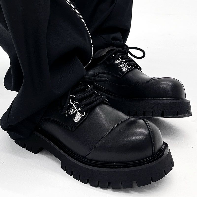 Authentic British Style Round Shoelace Trendy Small Leather W Thick Sole Increased Japanese-Style Retro Black Big Toe_voghion.com