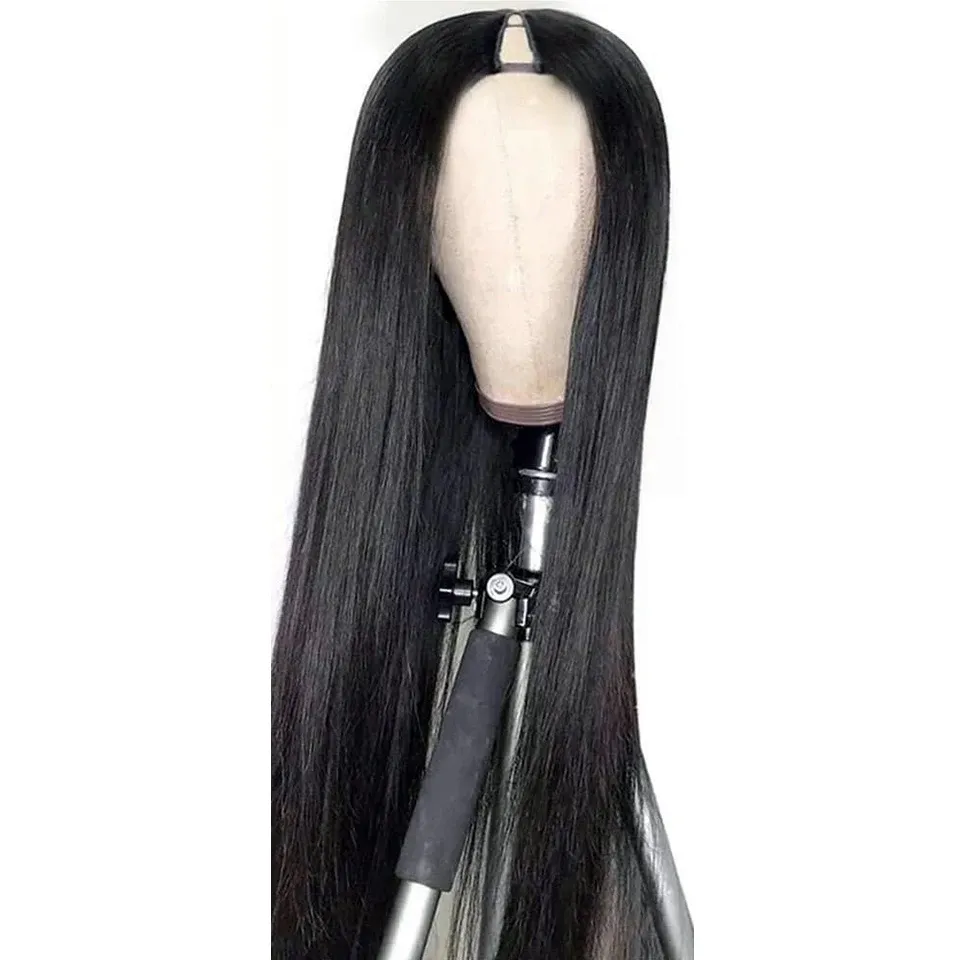 Zīda taisna cilvēka matu parūka Brazīlijas neapstrādātu matu mati, kas izgatavoti ar mašīnu izgatavotu V daļas parūku, dabiska krāsa sievietēm_voghion.com