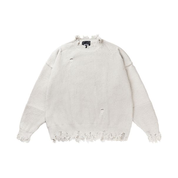 Pull ample unisexe en maille japonaise pour homme, détails usés et col ras du cou - Fil respirant, coupe oversize, noir et gris clair_voghion.com