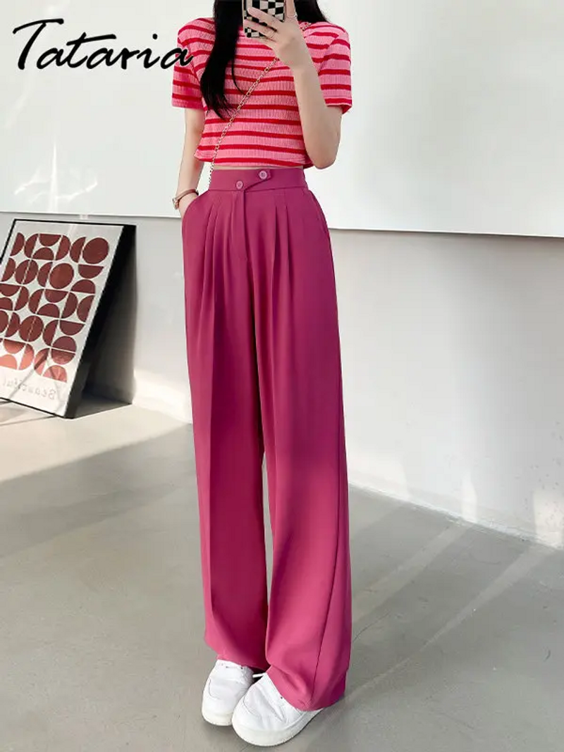 Weite Bürohose für Damen 2023, hohe Taille, weiße, gerade, gestapelte Hose mit Taschen, klassische Damenhose mit Doppelknopf_voghion.com