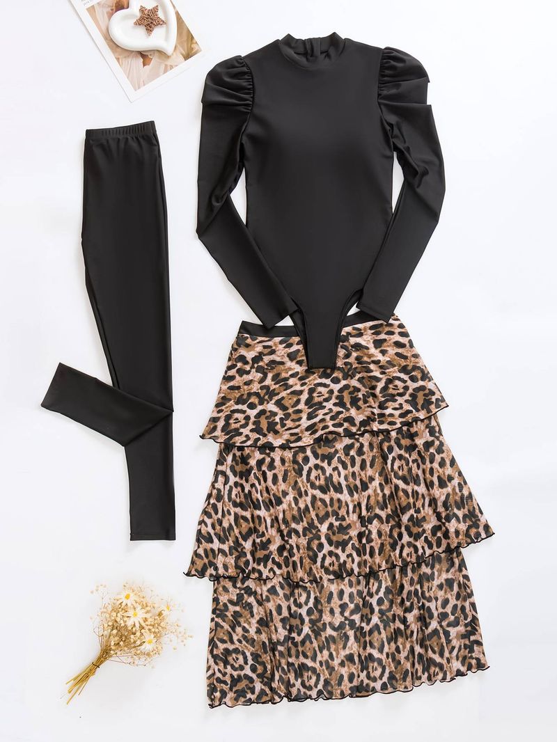 Moslim badpak zomer lange mouwen strand luipaardprint driedelig badpak dames zonbescherming stijl badmode_voghion.com