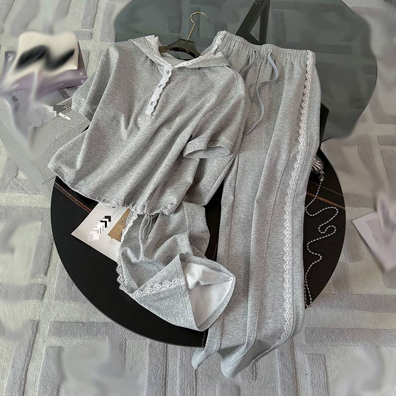 Damenbekleidung, kleine modische Freizeitanzüge, einfarbig, kurzärmeliger Pullover, Sporthose, lässiger zweiteiliger Anzug_voghion.com