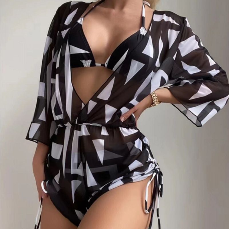  women's sexy three-piece suit temperament V-neck printed waist tie short skirt  swimsuit_voghion.com