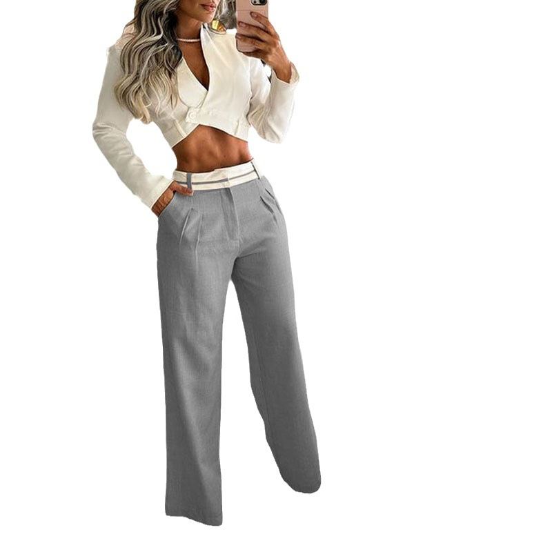 Vêtements pour femmes nouvelle combinaison d'été sexy à col en V et taille exposée à manches longues et pantalon droit taille haute_voghion.com