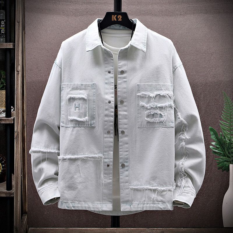 Denim distruttivo in primavera e autunno 2025 Nuovo abbigliamento da lavoro per uomo, marchio alla moda per adolescenti, giacca elegante per uomo_voghion.com
