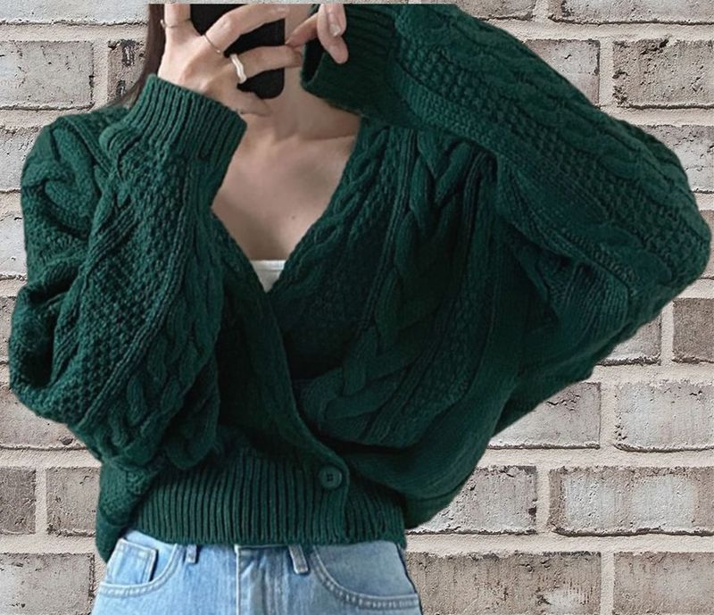 2024 new Korean style temperament grey one button cardigan Fried Dough Twists long sleeve V-neck skinny outer sweater_voghion.com