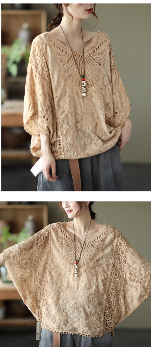 Camiseta de mujer de verano a la moda con protección solar de algodón con mangas de murciélago holgadas y tallas grandes, de manga corta_voghion.com