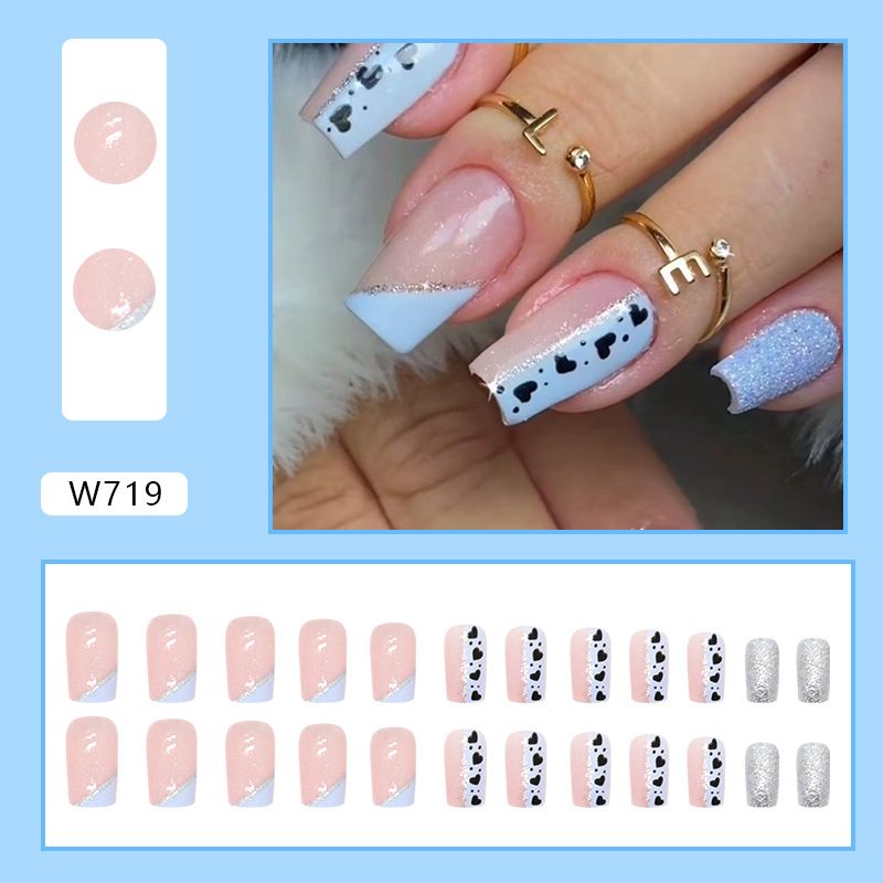 Nails Art & Tools Blue And White Triangle French Style With Love Spots Stitching Pink Square Armour Glitter Nails Wearing Armour Products_voghion.com
