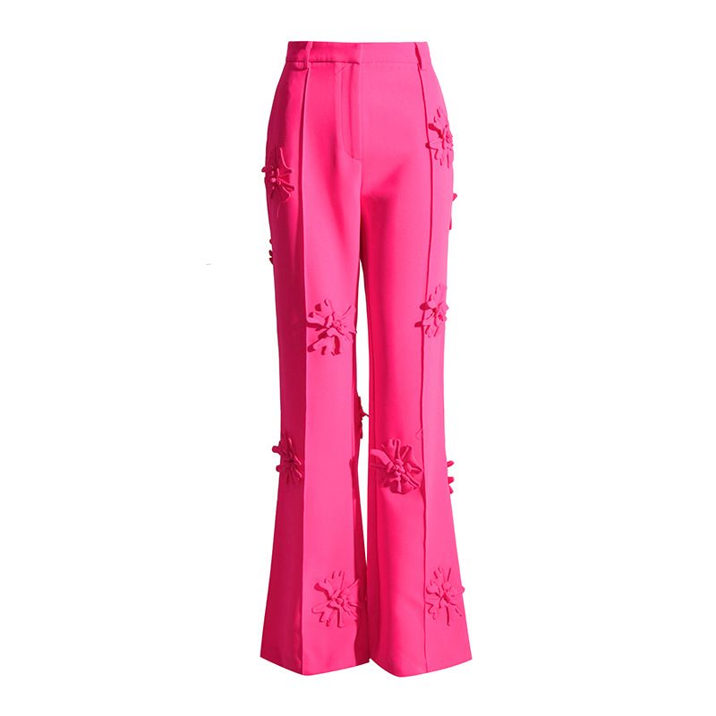 Pantaloni casual da donna 2024 autunno nuovo stile moda vita alta drappeggio decorazione floreale tridimensionale pantaloni svasati_voghion.com
