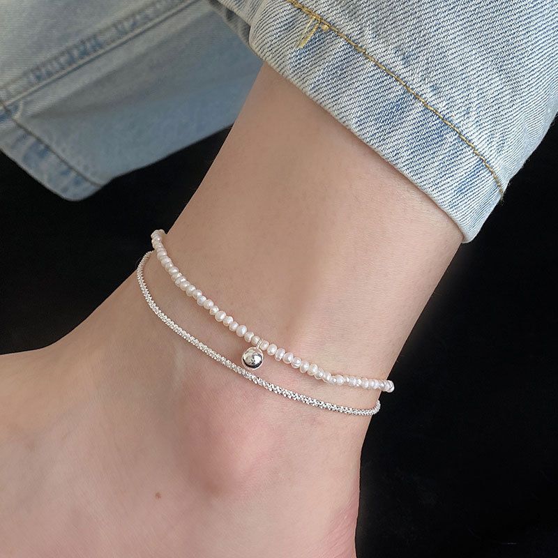 Cavigliera con perle rotonde fatte a mano in coreano semplice e a doppio strato in argento puro per studenti, 4100_voghion.com