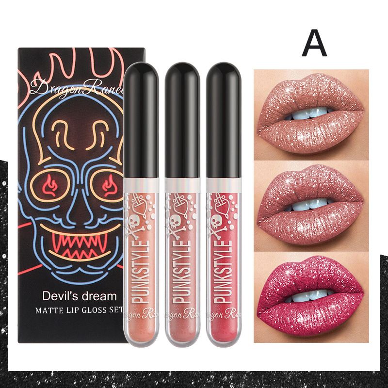 3 piezas de lápiz labial líquido con brillo, brillo de labios, brillo de diamante, juego de lápiz labial mate, brillo de pigmento alto de larga duración, regalo de maquillaje para fiesta de Halloween_voghion.com