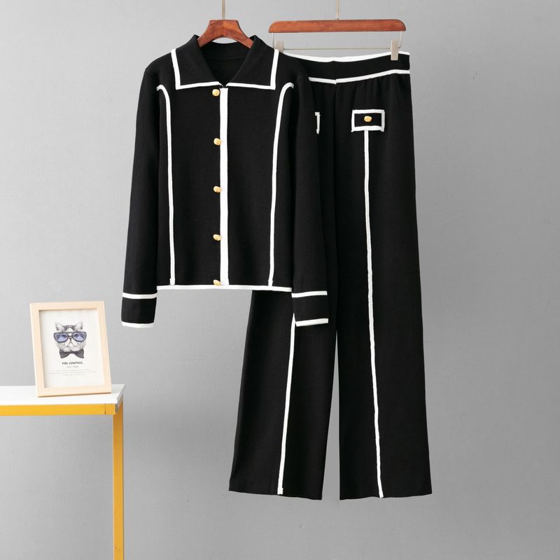 Women's Clothing Knitted Suit Single Breasted Polo Collar Sweater Casual Sports Wide Leg Pants Two Piece Suit_voghion.com