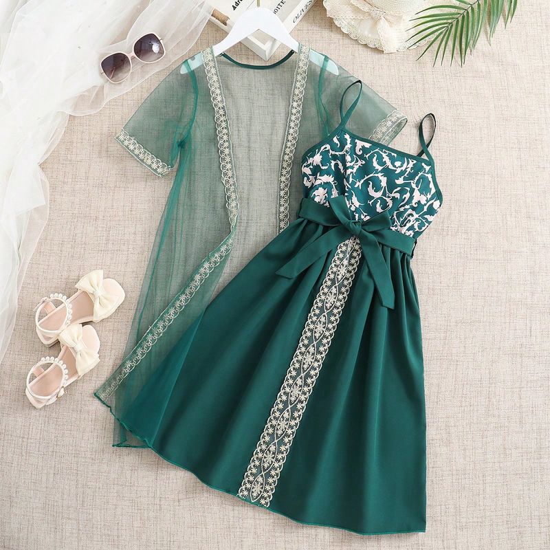 Kids’ Clothing Girls Dress Long Mesh Coat Suspenders Printed Vest Skirt_voghion.com