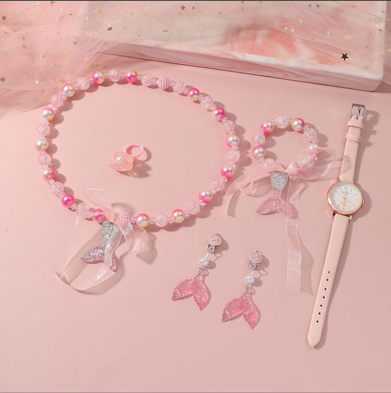 5pcs/set New Children's Set Cute Pink Girls Watch + Elegant Fresh Beaded Fishtail Bracelet Set_voghion.com