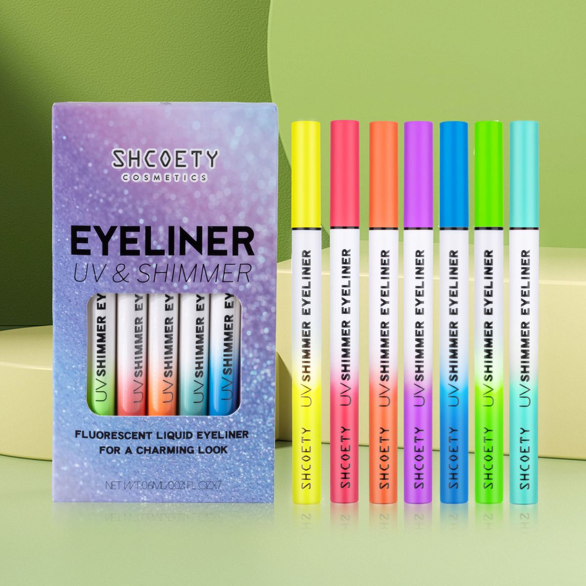 Lidschatten & Liner-Kombination, buntes fluoreszierendes Perlglanz-Eyeliner-Set, fein glitzernder flüssiger Eyeliner-Stift, bemalte Gesichtsfarbe, wasserfest_voghion.com