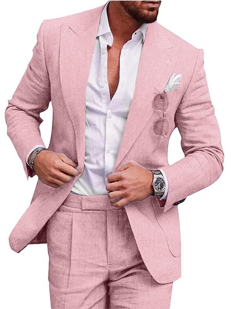 Vêtements pour hommes nouveaux costumes grande taille pour hommes costumes deux pièces costumes de couleur unie en lin à un bouton (stock complet)_voghion.com