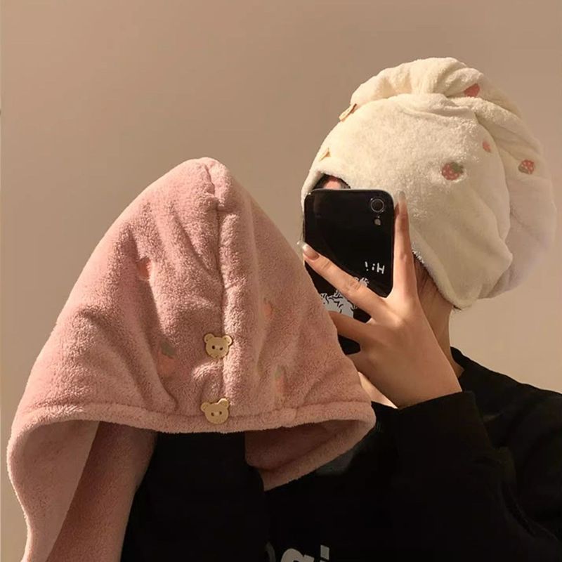 Double-Layer Thickened Cute Strawberry Drying Women, Super Absorbent, Quick-Drying, Non-Shedding, Head Wrap, Shower Cap_voghion.com