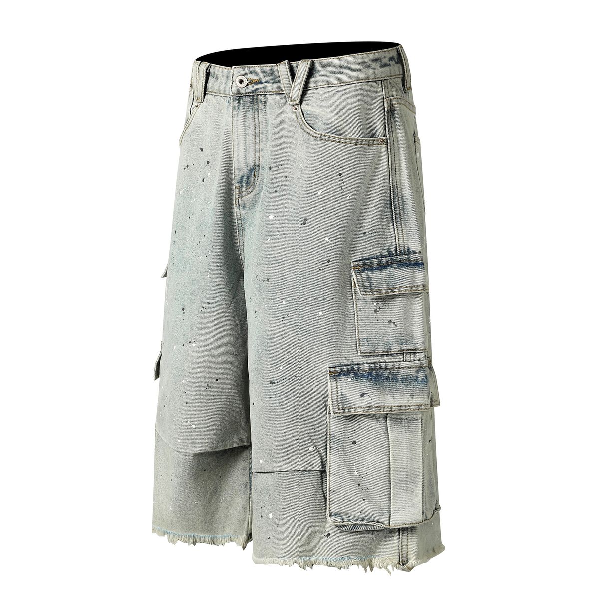 Herrenbekleidung Street Personality Pocket Distressed Stitching Wide Leg Jeans Washed Distressed Wide Cartoon Loose Print Wide Leg Pants_voghion.com