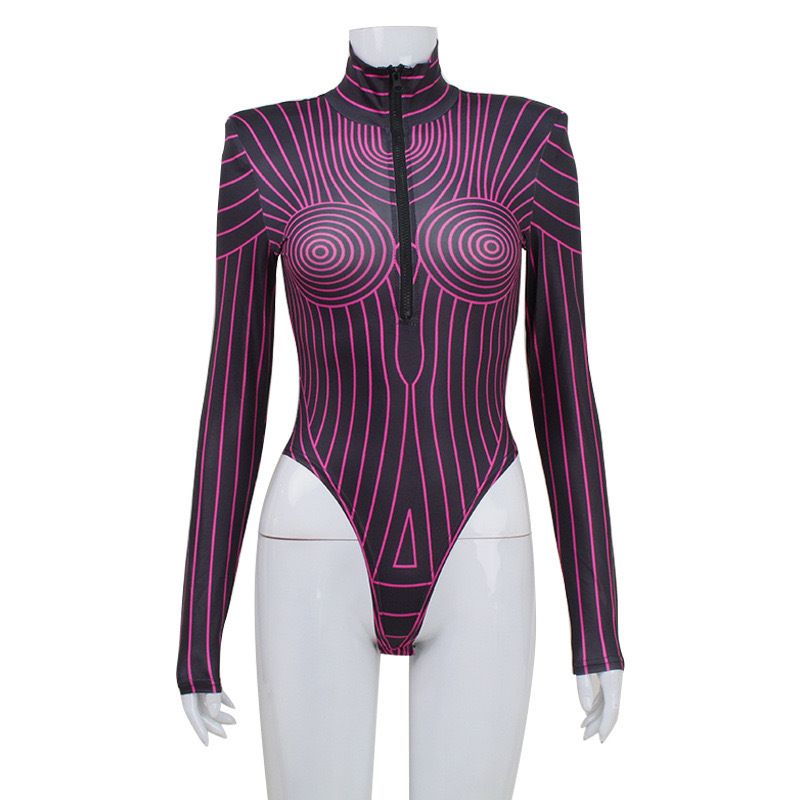 Women's Clothing tight long sleeve shoulder pad fluorescent jumpsuit striped three dimensional pattern hot girl tops for_voghion.com