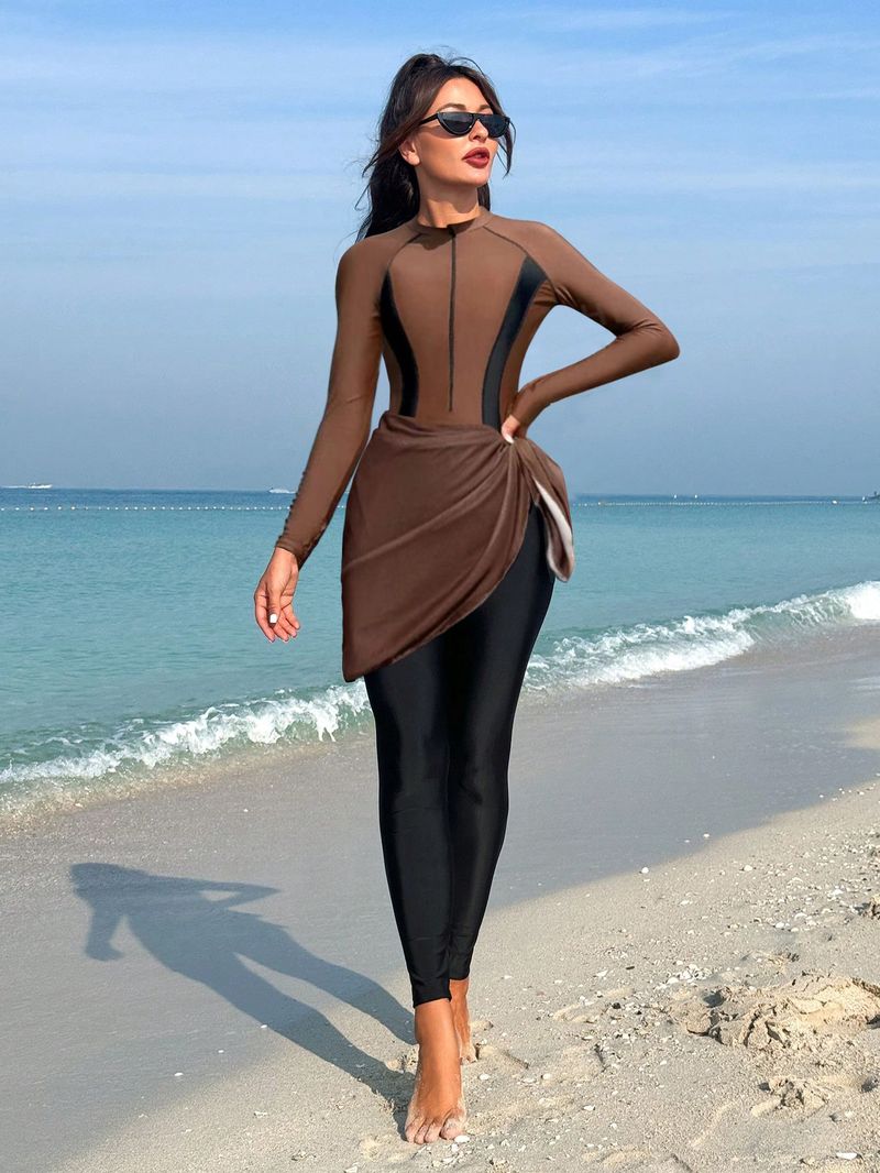 Muslim Swimsuit European Style Long Sleeve Swimsuit Set With Skirt For Women Fashionable Color Block Design With Chest Pad_voghion.com