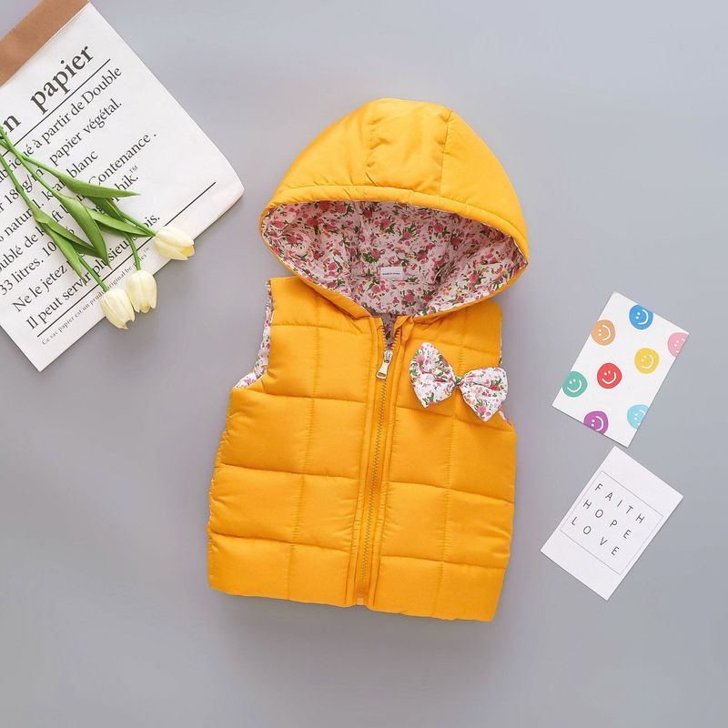 Winter vest 2024 new children's clothing floral elephant hooded zipper solid color plus cotton thick coat_voghion.com