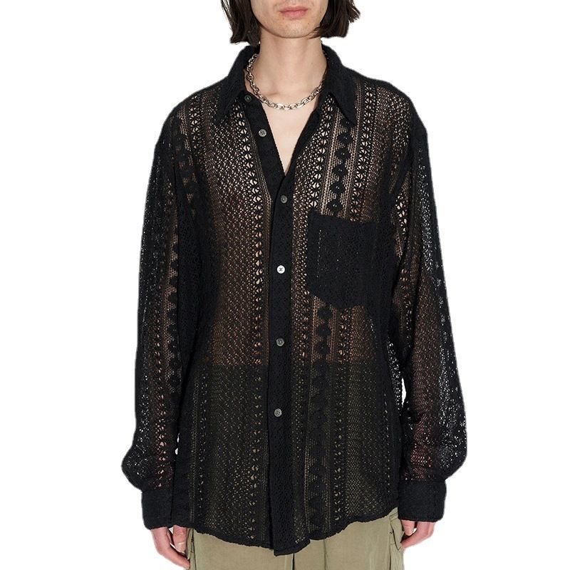 men's clothing summer men's casual fashion trend pocket button drape hollow lace top shirt_voghion.com