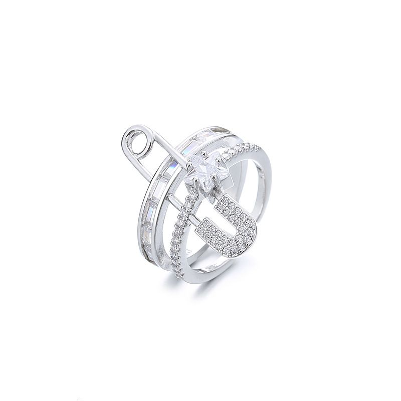 Ancient Cat Ning High-End Sense Inlaid Double Layer Safety Pin Star Paperclip Exaggerated Open Finger Ring For Women_voghion.com
