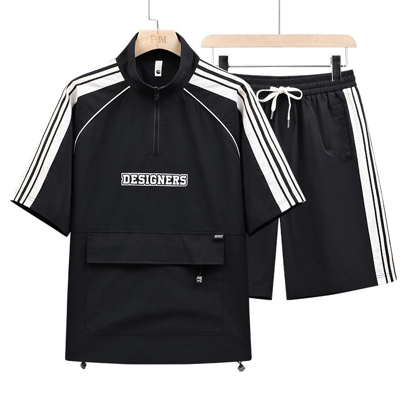 Herrenbekleidung Sommer Hong Kong Stil Männer aufgesetzte Tasche Quadrat Kragen Kurzarmhemd kurze Hosen Set plus Größe lockere Freizeitanzug_voghion.com