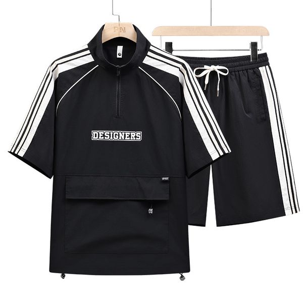 Herrenbekleidung Sommer Hong Kong Stil Männer aufgesetzte Tasche Quadrat Kragen Kurzarmhemd kurze Hosen Set plus Größe lockere Freizeitanzug_voghion.com