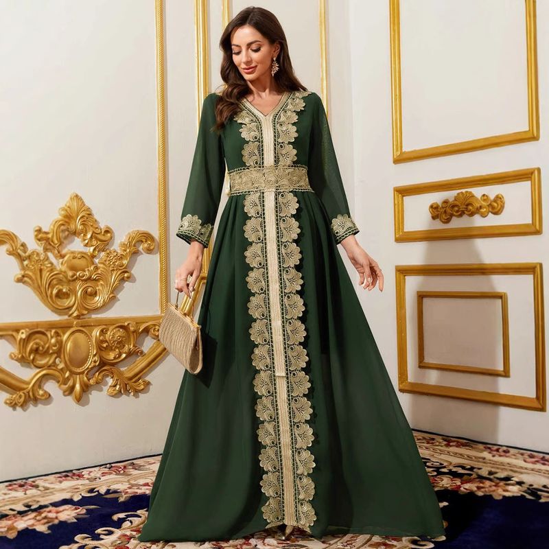 Damkläder Grön Elegant Retro Spetsklänning Dam Bälte V-hals Långärmad_voghion.com