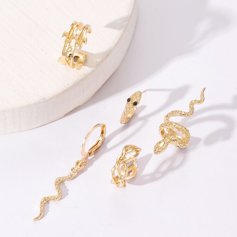 Fashionable Minimalist Snake Leaf Five Piece Set With Clips, No Holes, Studs, Earrings, And Ear Bone Clips For Women_voghion.com