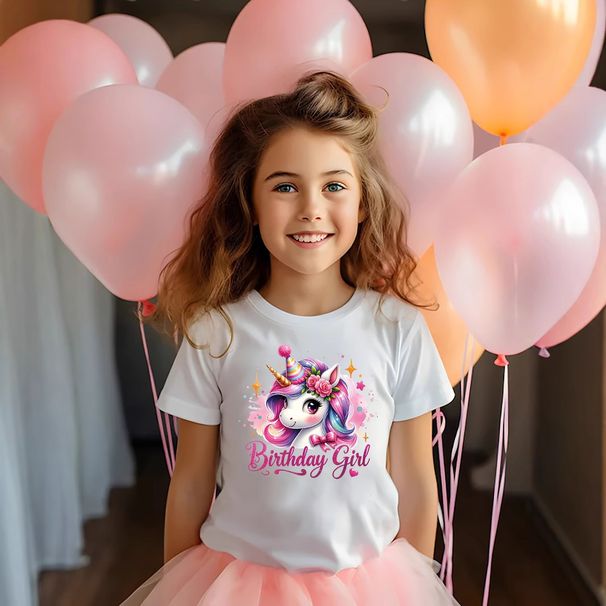 Barnkläder för flickor, FÖDELSEDAGSFLICKA, enhörningsmönster, rund hals, kortärmad t-shirt, lämplig för 18 år_voghion.com