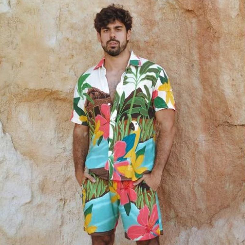 Îmbrăcăminte pentru bărbați, la modă, cămașă cu imprimeu hawaian, pantaloni scurți, costum casual de plajă_voghion.com