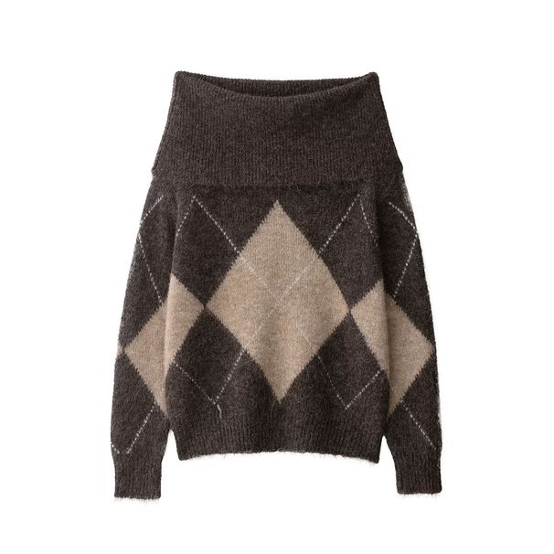 Off-Shoulder Diamond Knit Sweater – Trendiger One-Shoulder-Pullover für Damen (Wie abgebildet, S/M/L)_voghion.com