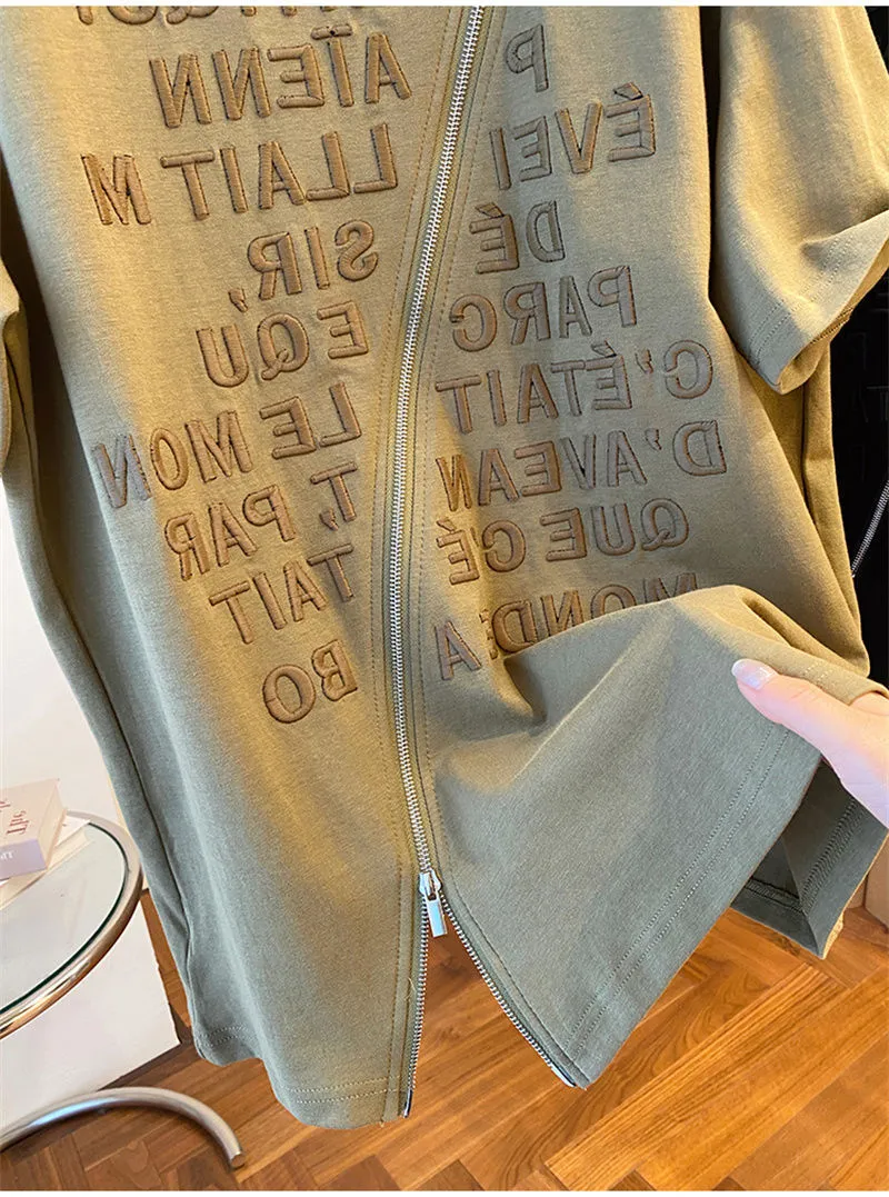 Women's Clothing new loose embroidery pure cotton heavy short-sleeved T-shirt female zipper split top_voghion.com