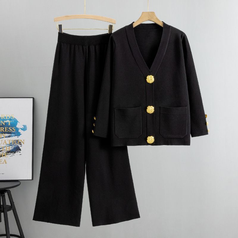 Costum de damă la modă casual din două piese pentru femei, toamnă și iarnă, versatil, cu cataramă metalică, cardigan tricotat, pulover, pantaloni largi, costum_voghion.com