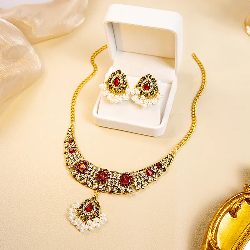 Ensemble de bijoux pour femmes Ensemble de boucles d'oreilles et collier en métal tendance avec perles et gouttes d'eau Bijoux exagérés_voghion.com